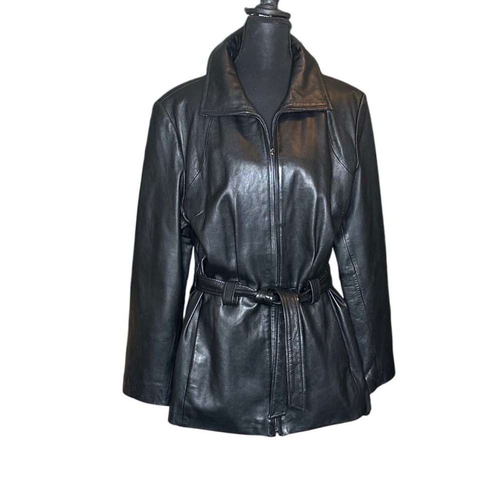Vintage Black Leather Belted Zip Up Jacket Mid Length Coat Y2K 90s Matrix Style